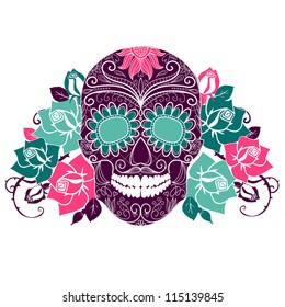 Skull and roses, Colorful Day of the Dead card