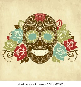 Skull and roses, Colorful Day of the Dead card