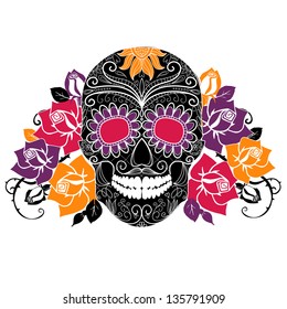 Skull and roses, Colorful Day of the Dead card