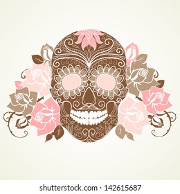 Skull and roses, Colorful Day of the Dead card