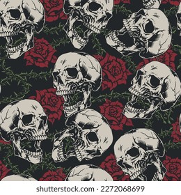 Skull with roses colorful seamless pattern with dead man heads with thorny plants for punk fashion design vector illustration