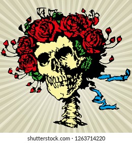 Skull in roses crown, vector illustration