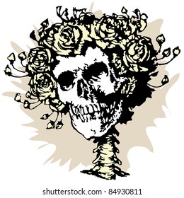 Skull in roses crown, vector illustration