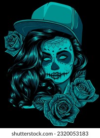 Calavera y rosas. Día de la Muerte del Cráneo colorido con adorno en fondo negro