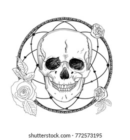 skull with roses. design for t-shirt print with human skull, flower and  dreamcatcher. vector illustration 