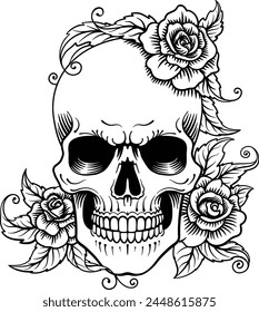 A skull and roses engraved woodcut etching design like a classic tattoo 