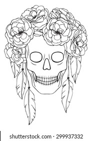 Skull with roses and feathers. Day of The Dead. Hand-drawn illustration . All elements are isolated and editable.