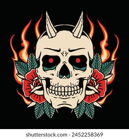 Skull Roses With Fire Vector Illustration