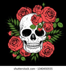 Skull and roses flowers hand drawn illustration. Tattoo vintage print. Skull and red roses.