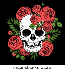 Skull and roses flowers hand drawn illustration. Tattoo vintage print. Skull and red roses. Floral print