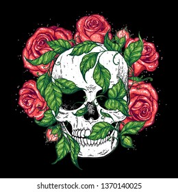 Skull and roses flowers hand drawn illustration. Tattoo vintage print. Skull, ivy and red roses.