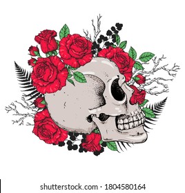Skull and roses flowers hand drawn illustration. Tattoo vintage print. Skull and red roses.  T-shirt design.
