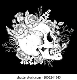 Skull and roses flowers hand drawn illustration. Sketch illustration. Tattoo vintage print. Skull and roses. T-shirt design.