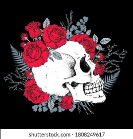 Flores de cráneo y rosas dibujadas a mano. Dibujo ilustrativo. Tatuaje vintage. Calavera y rosas. Diseño de camisetas.