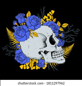 Flores de cráneo y rosas dibujadas a mano. Tatuaje vintage. Calavera y rosas. Diseño de camisetas.