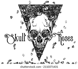 Skull and Roses. Hand drawn black and white vector illustration of skull with roses and falling petals inside a triangle in modern style tattoo.
