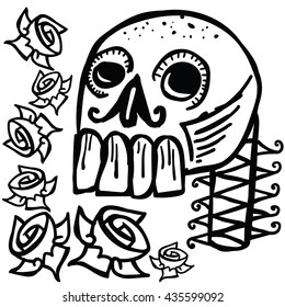 Skull with roses, hand drawn illustration