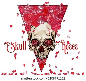 Skull and Roses. Hand drawn vector illustration of skull with floral red roses and falling petals inside a triangle in modern style tattoo.