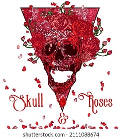 Skull and Roses. Hand drawn vector illustration of rose textured screaming skull with red roses and falling petals inside a triangle in modern style tattoo.