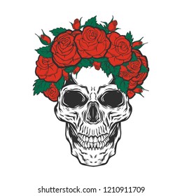 Skull with roses isolated on white.Vector illustration.