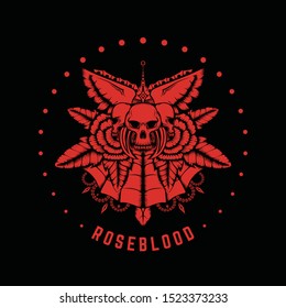 Skull with roses and leaf illustration for tattoo or metal band