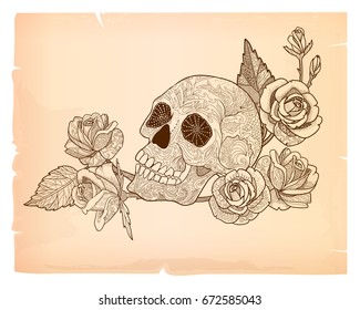 Skull with roses line and doodle ornamental vintage card background.