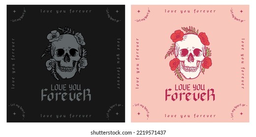 Skull with roses love you forever pink and black