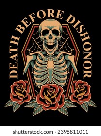 Skull and roses in Old school tattoo style