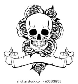 Skull and roses on white background. contour vector illustration