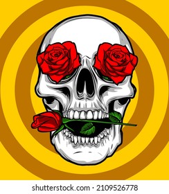 Skull And Roses On A Yellow Background, T-shirt Design, Flower, Love, Male, Female, Valentine Day, Tradition, Tatto, 
Schedel, Roos, Crâne, Rose, Schädel, Rose, Vector Templates