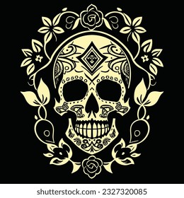 Skull and Roses Pattern Tattoo t-shirt design. Vector illustration