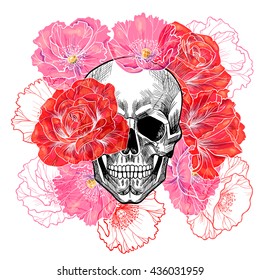 Skull with roses and poppies. Vector seamless pattern. 