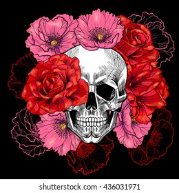 Skull with roses and poppies. Vector seamless pattern. 