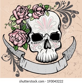 Skull with roses and ribbon