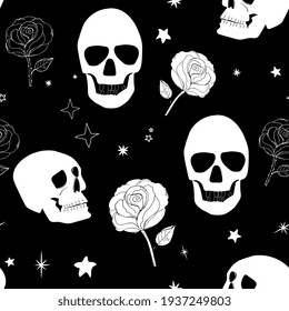 skull and roses seamless pattern. abstract monochrome background