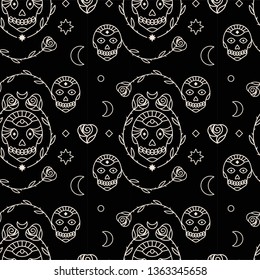 Skull and roses seamless pattern. Black background.