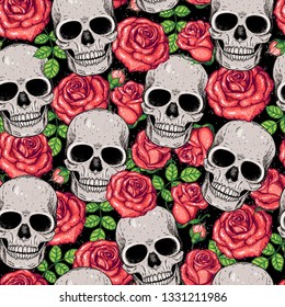 Skull and roses seamless pattern. Hand drawn vector illustration. Fabric design template. Skull background.
