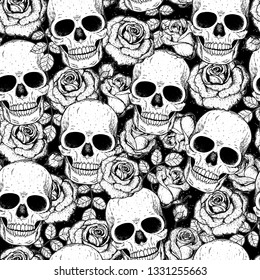 Skull and roses seamless pattern. Hand drawn vector illustration. Fabric design template. Skull background.