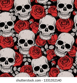 Skull and roses seamless pattern. Hand drawn vector illustration. Fabric design template. Skull background.