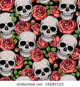 Skull and roses seamless pattern. Hand drawn vector illustration. Fabric design template. Skull background.