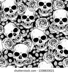 Skull and roses seamless pattern. Hand drawn vector illustration. Fabric design template. Skull background.