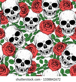 Skull and roses seamless pattern. Hand drawn vector illustration. Fabric design template. Skull background. 