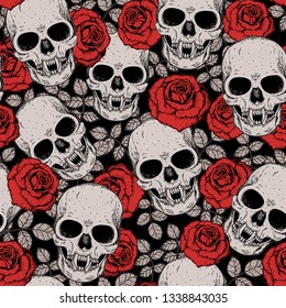 Skull and roses seamless pattern. Hand drawn vector illustration. Fabric design template. Skull background. 