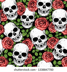 Skull and roses seamless pattern. Hand drawn vector illustration. Fabric design template. Skull background. 