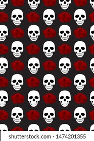 Skull and roses seamless pattern on black background. halloween skull pattern background. vector illustration