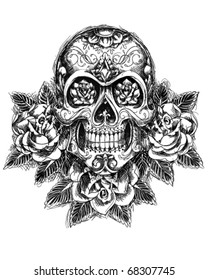 Skull and roses sketch vector