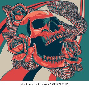 skull with roses and snake vector illustration