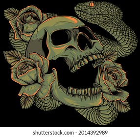 skull with roses and snake vector illustration