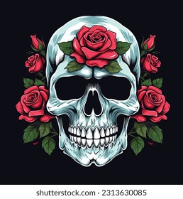 Skull With Roses for Streetwear Tshirt Design Vector Illustration