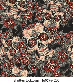 Skull And Roses Sugar Skull Seamless Pattern. EPS 10